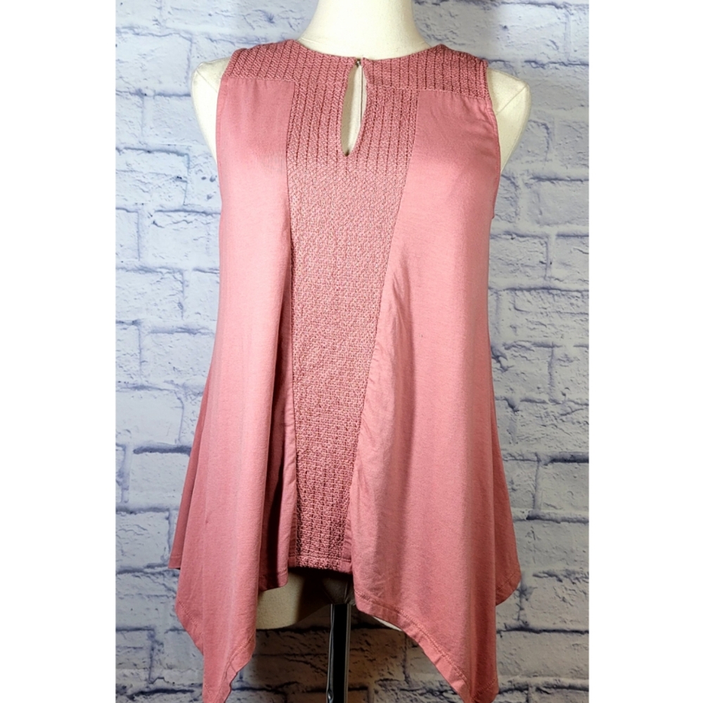 Adrianna Papell Womens Tunic Boho Top Size M V-Neck Shark Bite Hem Pink Blouse